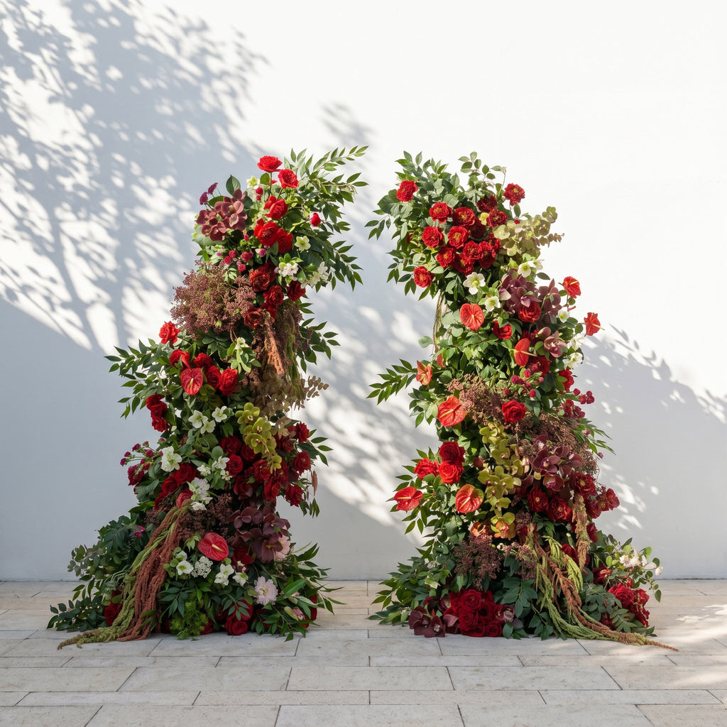 Fiorelle Horn Arch: Luxury Red Roses with natural Greenery Floral Arch for Garden Weddings and Events Decor Incuding Frame | Event Floral Decor