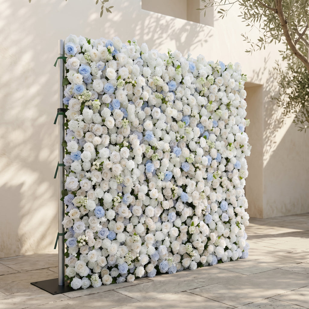 Fiorelle:5D Dusty Baby Blue & Ivory White Silk Rose Flower Wall Roll-Up Fabric Backdrop for Romantic Weddings & Proposals Free Shipping