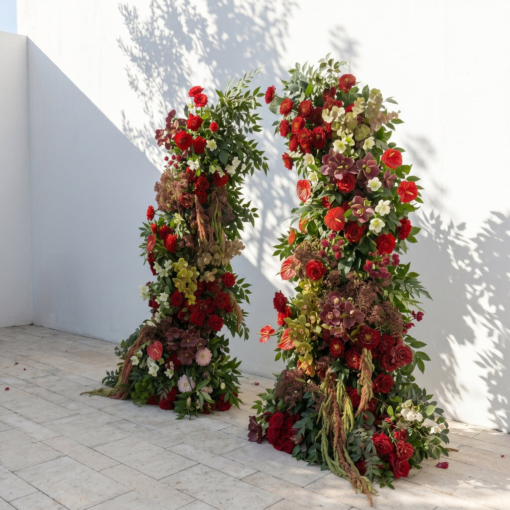 Fiorelle Horn Arch: Luxury Red Roses with natural Greenery Floral Arch for Garden Weddings and Events Decor Incuding Frame | Event Floral Decor