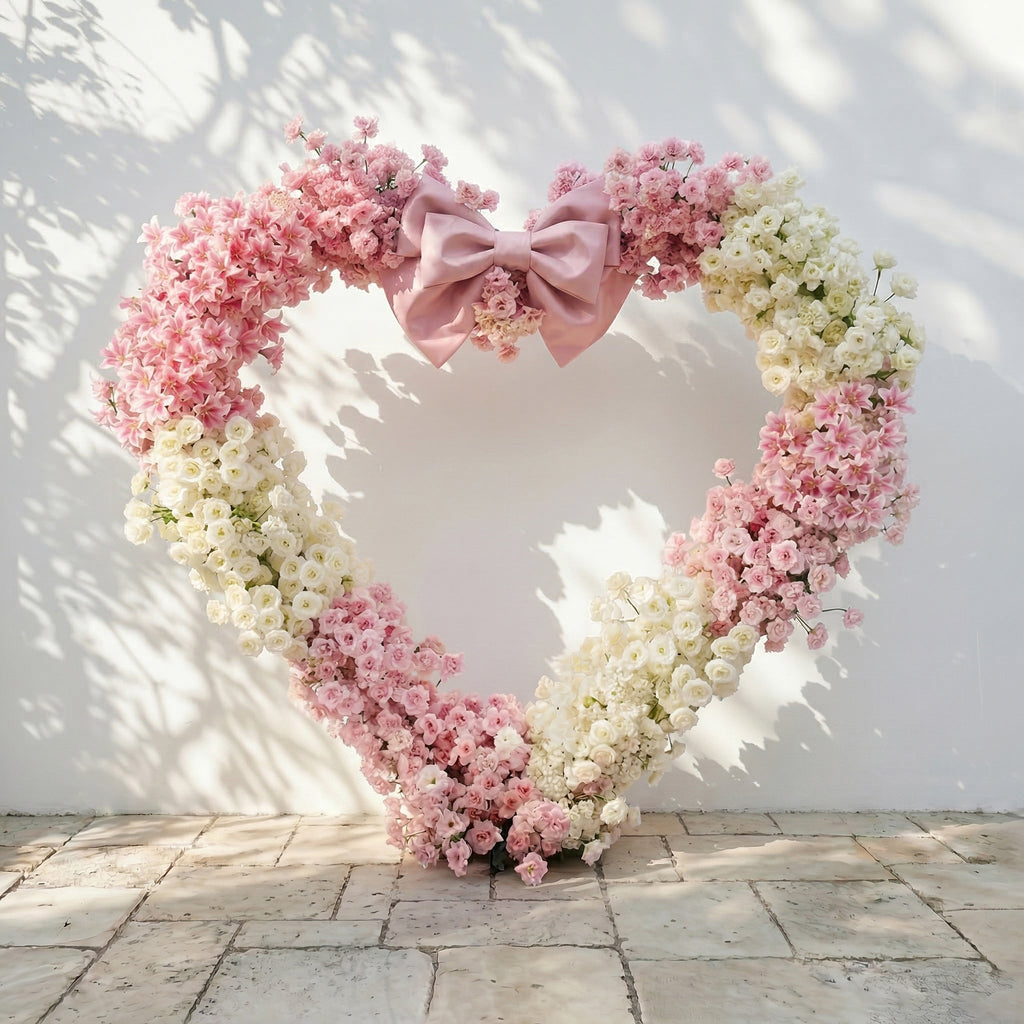 Florien: Heart-Shaped Pink and White Silk Rose Floral Arch Floral Arrangement for Dreamy Weddings & Parties | Event Floral Decor