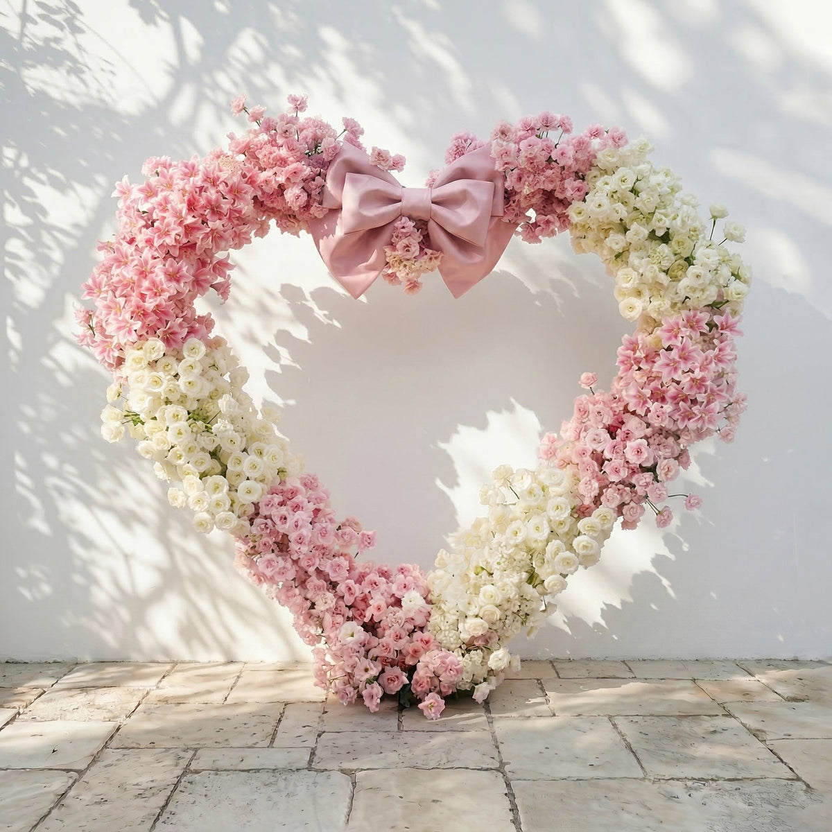 Florien: Heart-Shaped Pink and White Silk Rose Floral Arch Floral Arrangement for Dreamy Weddings & Parties | Event Floral Decor
