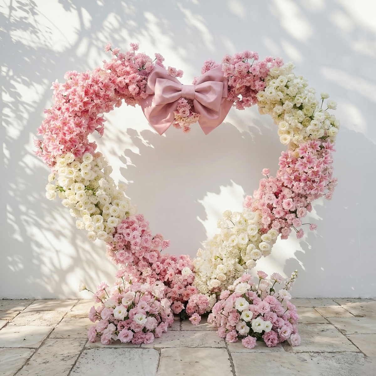 Florien: Heart-Shaped Pink and White Silk Rose Floral Arch Floral Arrangement for Dreamy Weddings & Parties | Event Floral Decor