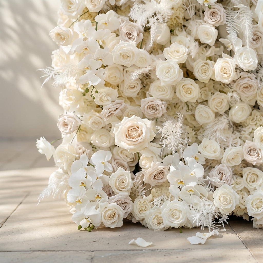 Junbelle:Elegant 5D White Floral Wall with Pampas Grass Accents Roll-Up Backdrop for Whimsical Bridal Showers | Wedding & Celebration Collection | Free Shipping