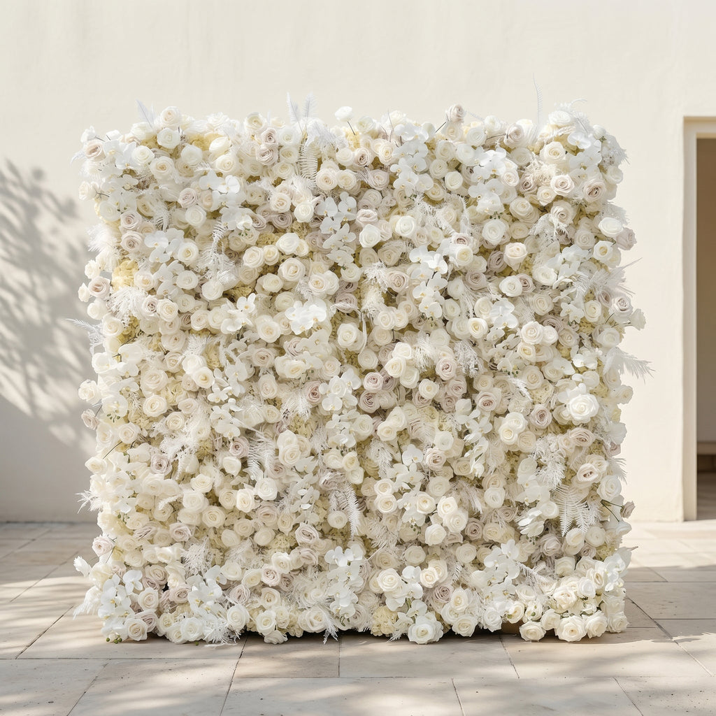 Junbelle:Elegant 5D White Floral Wall with Pampas Grass Accents Roll-Up Backdrop for Whimsical Bridal Showers | Wedding & Celebration Collection | Free Shipping