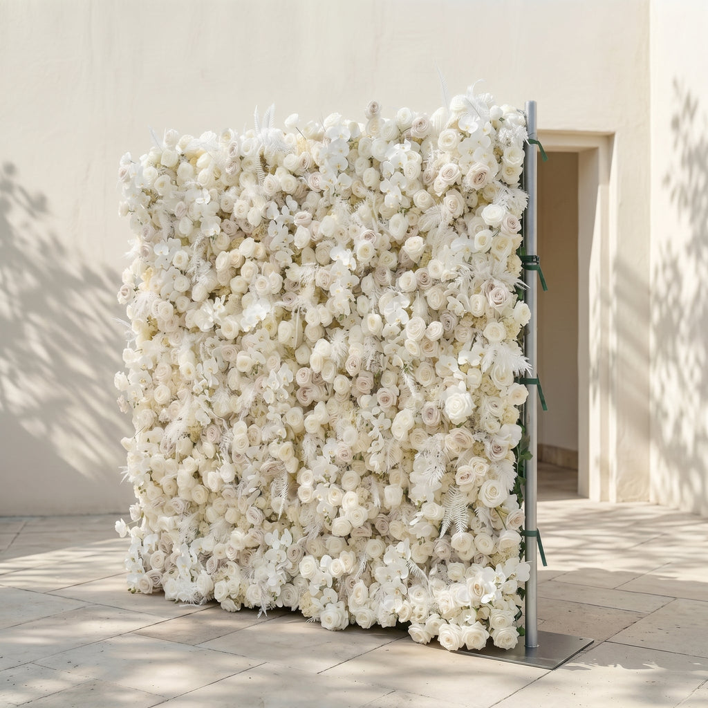 Junbelle:Elegant 5D White Floral Wall with Pampas Grass Accents Roll-Up Backdrop for Whimsical Bridal Showers | Wedding & Celebration Collection | Free Shipping
