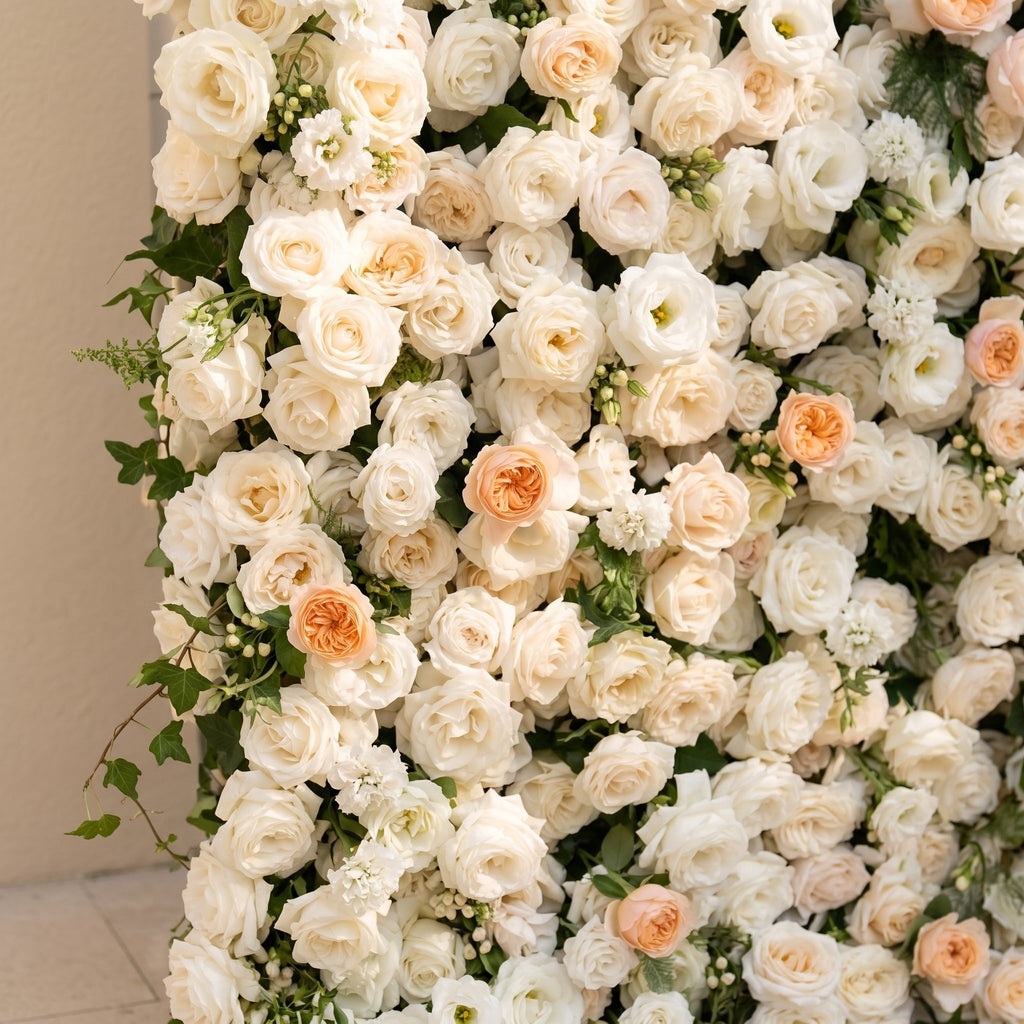 Karellora:5D Cream Ivory White Silk Rose Flower Wall Roll-Up Fabric Backdrop with Soft Peach Accents for Romantic Weddings & Proposals Free Shipping