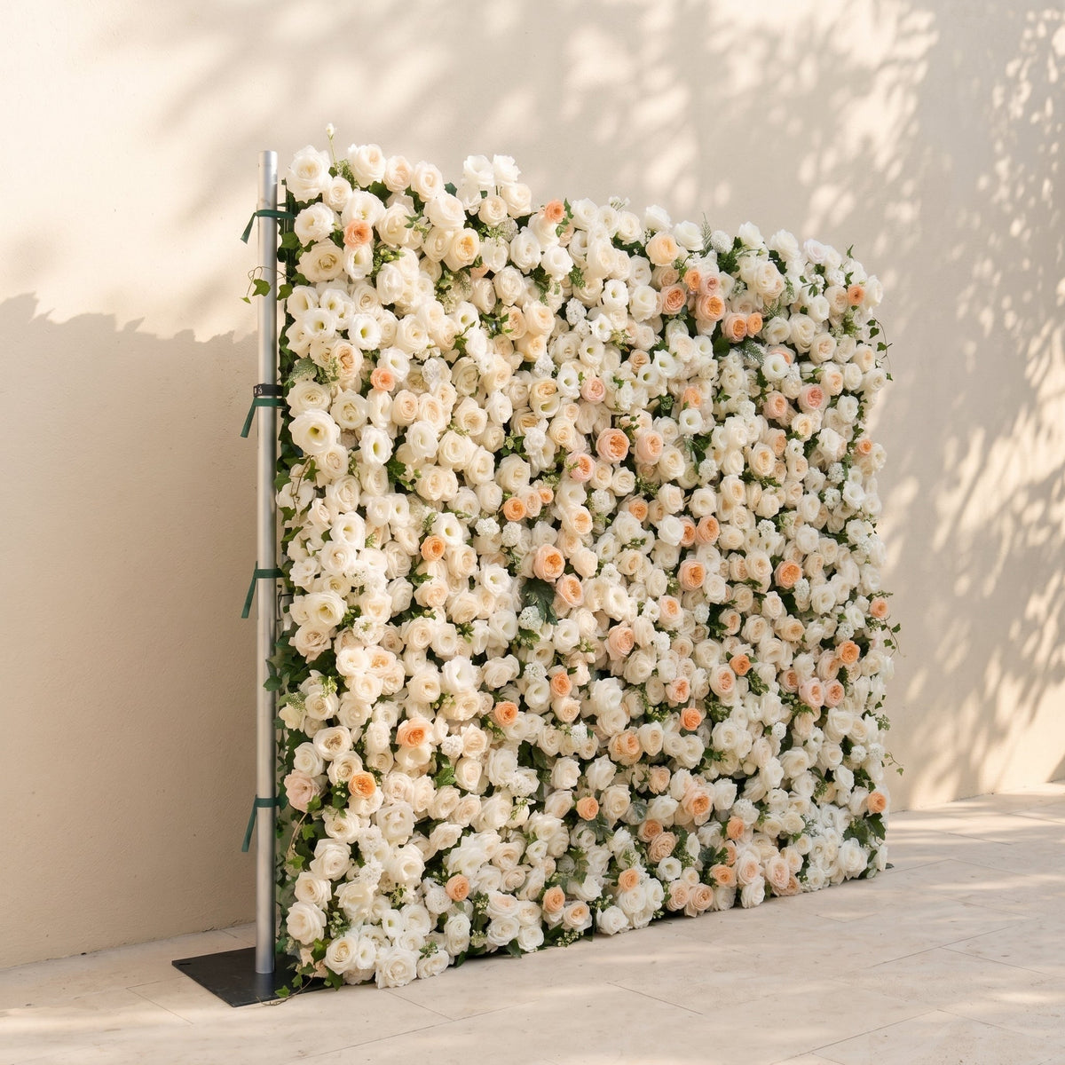 Karellora:5D Cream Ivory White Silk Rose Flower Wall Roll-Up Fabric Backdrop with Soft Peach Accents for Romantic Weddings & Proposals Free Shipping
