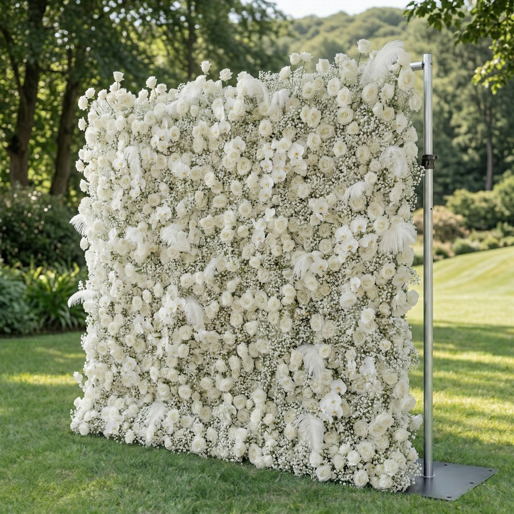 Lachlan: 5D Pure White Baby's Breath & Silk Rose Flower Wall Roll-Up Fabric Backdrop for Dreamy Wedding & Proposal | Wedding & Celebration Collection | Free Shipping