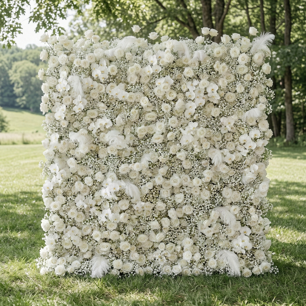 Lachlan: 5D Pure White Baby's Breath & Silk Rose Flower Wall Roll-Up Fabric Backdrop for Dreamy Wedding & Proposal | Wedding & Celebration Collection | Free Shipping