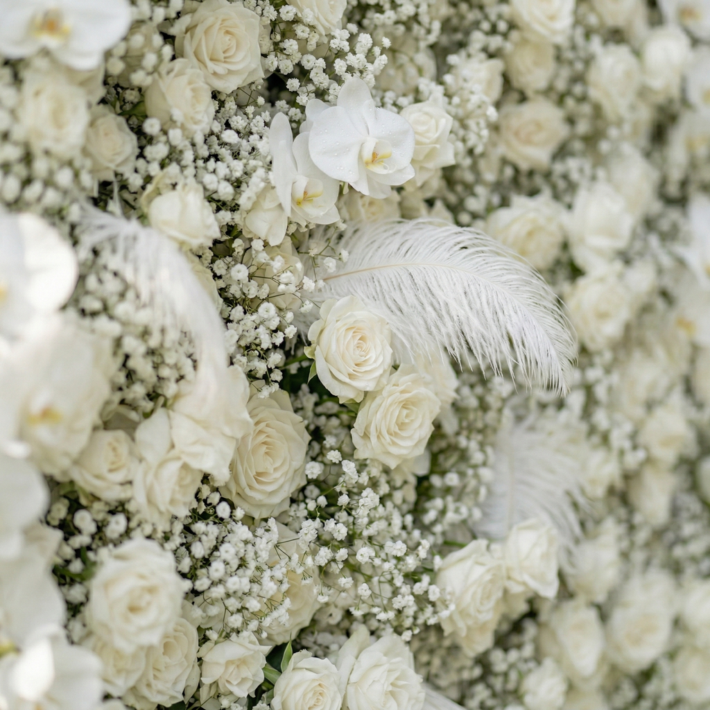Lachlan: 5D Pure White Baby's Breath & Silk Rose Flower Wall Roll-Up Fabric Backdrop for Dreamy Wedding & Proposal | Wedding & Celebration Collection | Free Shipping