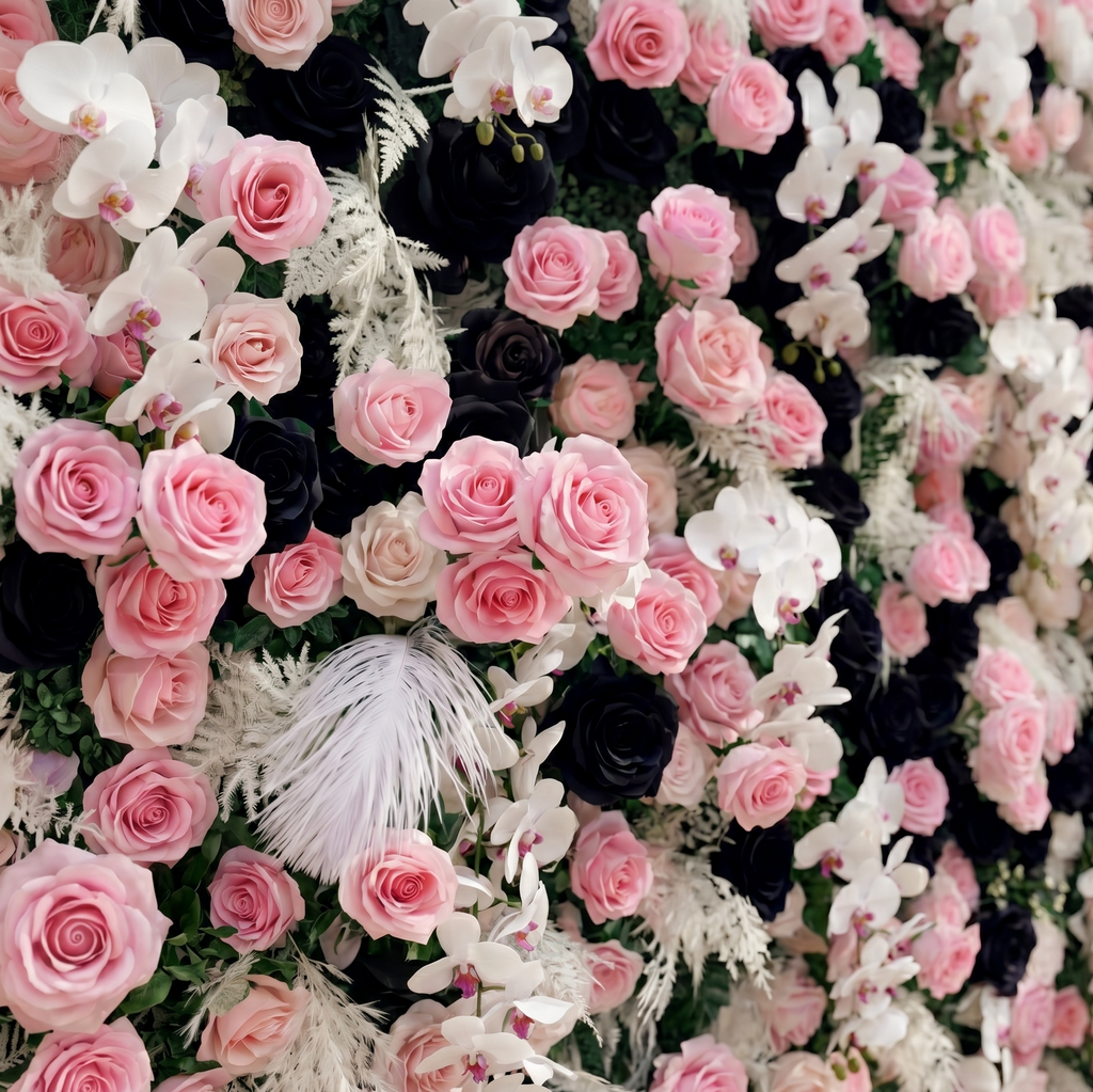 Larorae: Luxury 5D Black & Blush Pink Silk Floral Wall Roll-Up Backdrop for Edgy Romantic Weddings Free Shipping