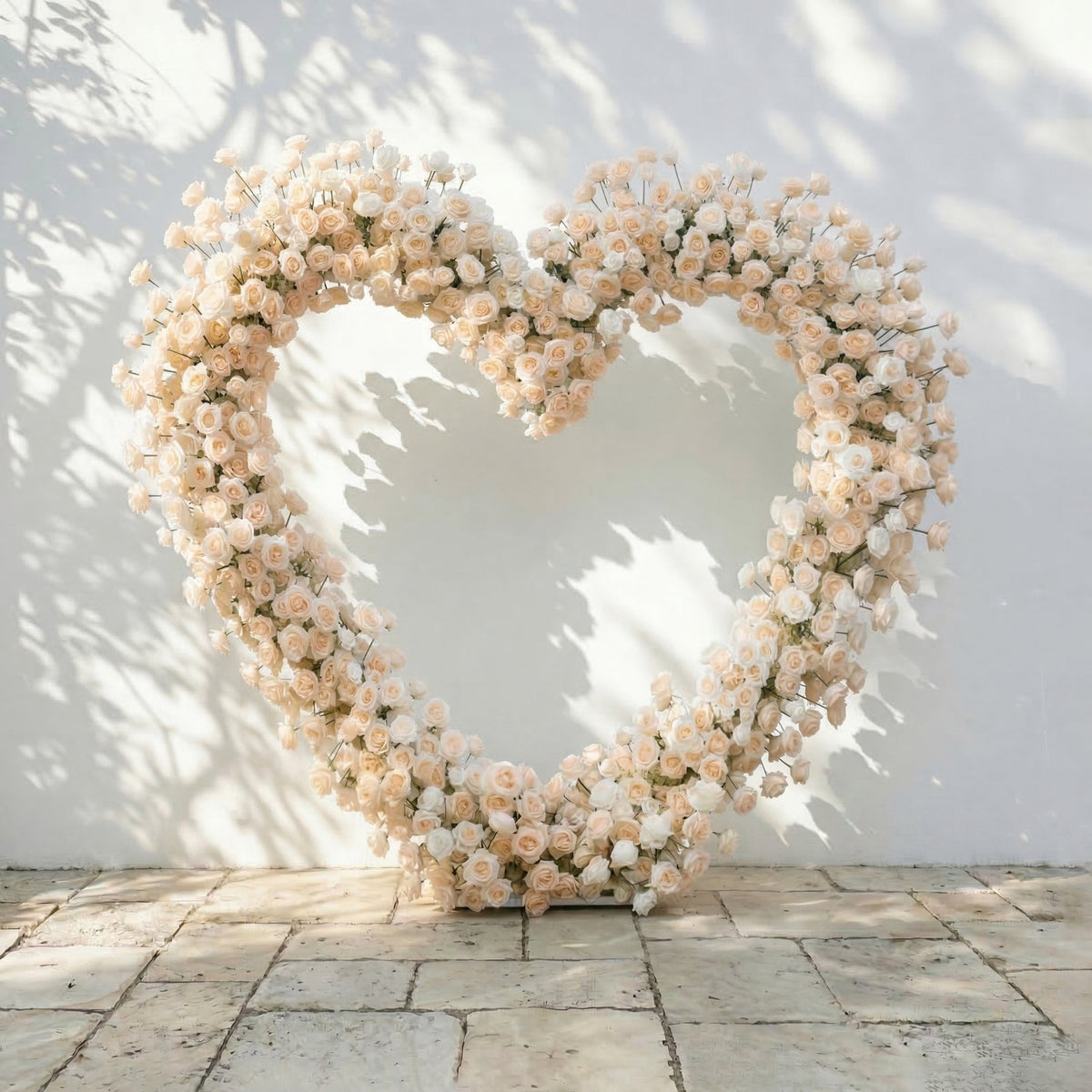 Lioren: Heart-Shaped Champagne & Soft Peach Silk Rose Floral Arch Floral Arrangement for Elegant Weddings & Proposal Events | Event Floral Decor