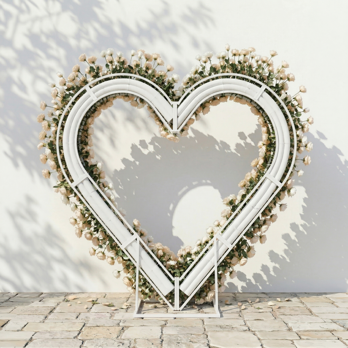 Lioren: Heart-Shaped Champagne & Soft Peach Silk Rose Floral Arch Floral Arrangement for Elegant Weddings & Proposal Events | Event Floral Decor
