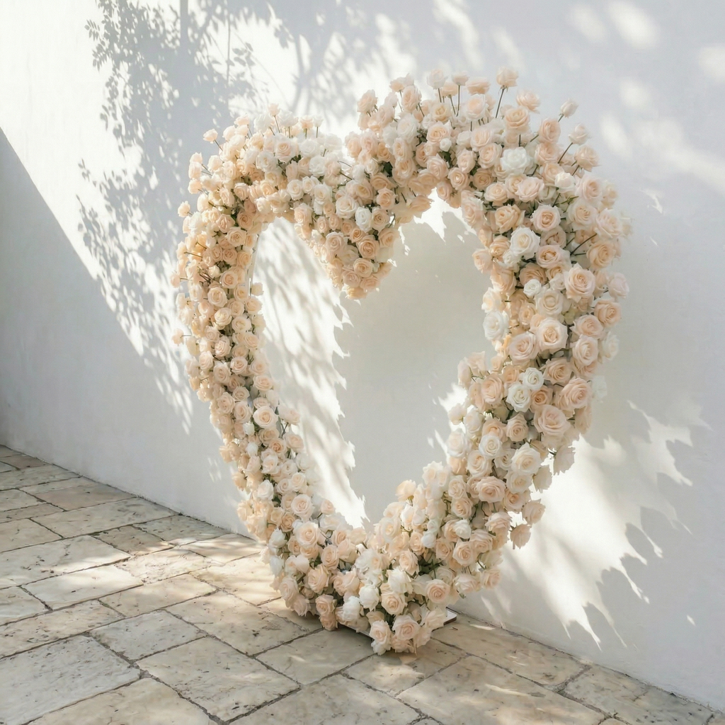 Lioren: Heart-Shaped Champagne & Soft Peach Silk Rose Floral Arch Floral Arrangement for Elegant Weddings & Proposal Events | Event Floral Decor