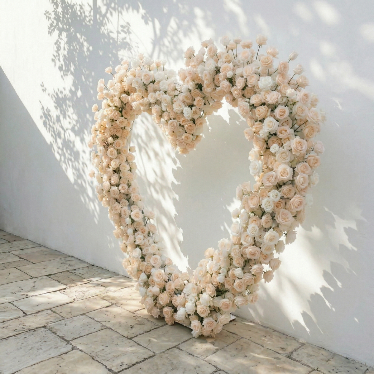 Lioren: Heart-Shaped Champagne & Soft Peach Silk Rose Floral Arch Floral Arrangement for Elegant Weddings & Proposal Events | Event Floral Decor