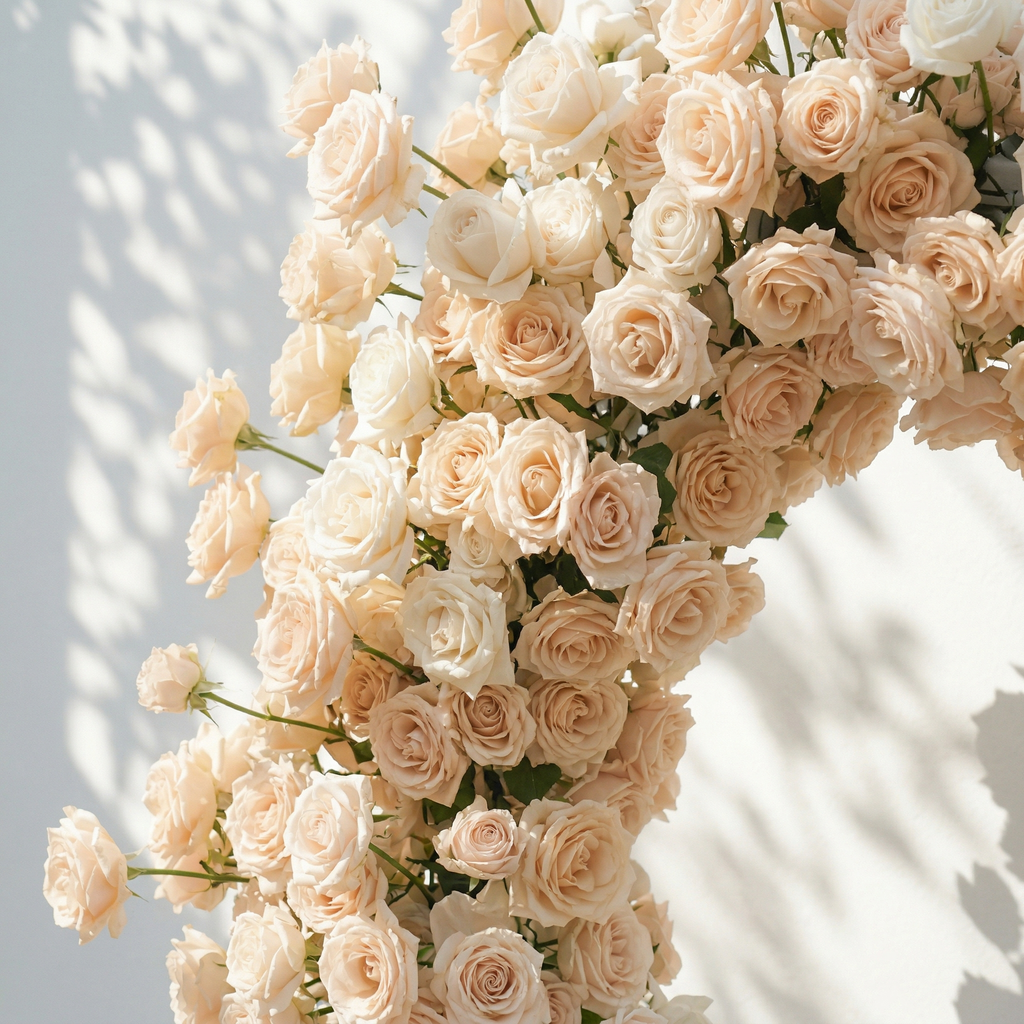 Lioren: Heart-Shaped Champagne & Soft Peach Silk Rose Floral Arch Floral Arrangement for Elegant Weddings & Proposal Events | Event Floral Decor