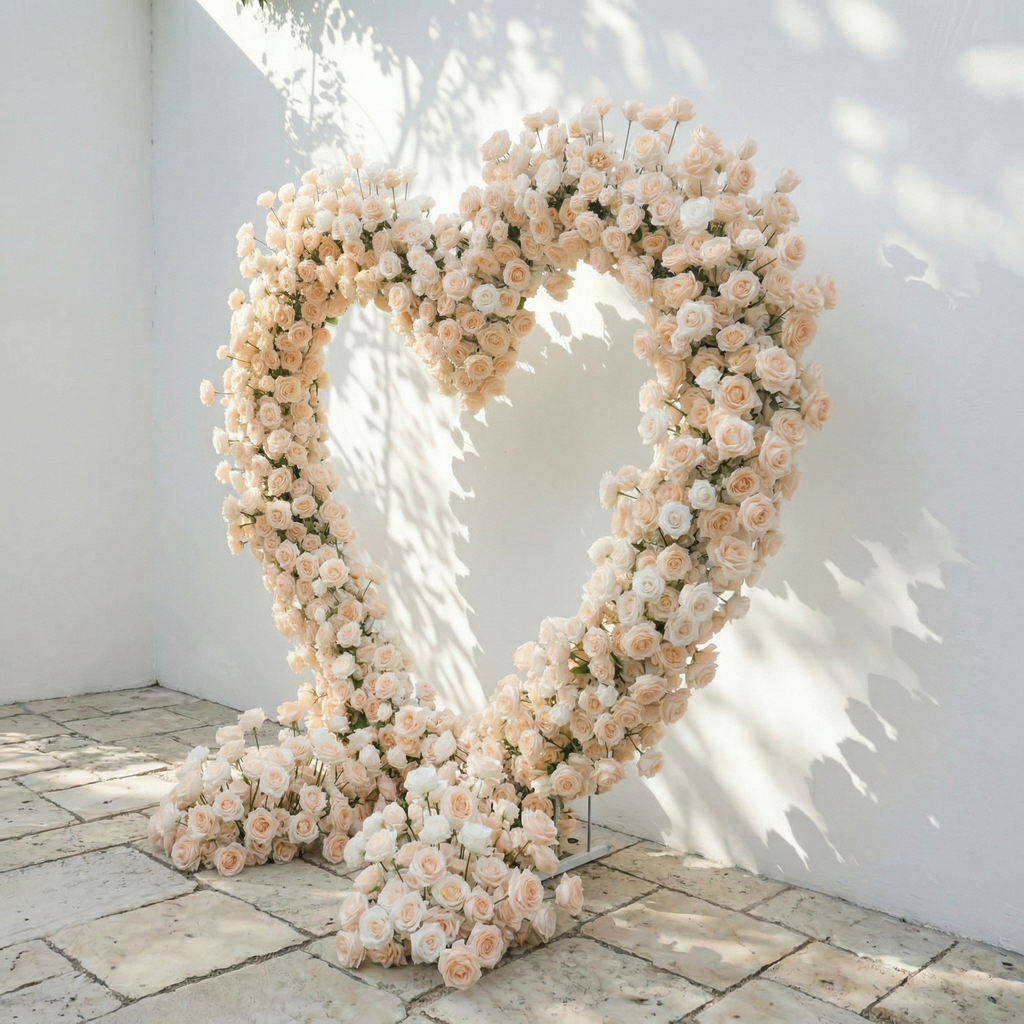 Lioren: Heart-Shaped Champagne & Soft Peach Silk Rose Floral Arch Floral Arrangement for Elegant Weddings & Proposal Events | Event Floral Decor