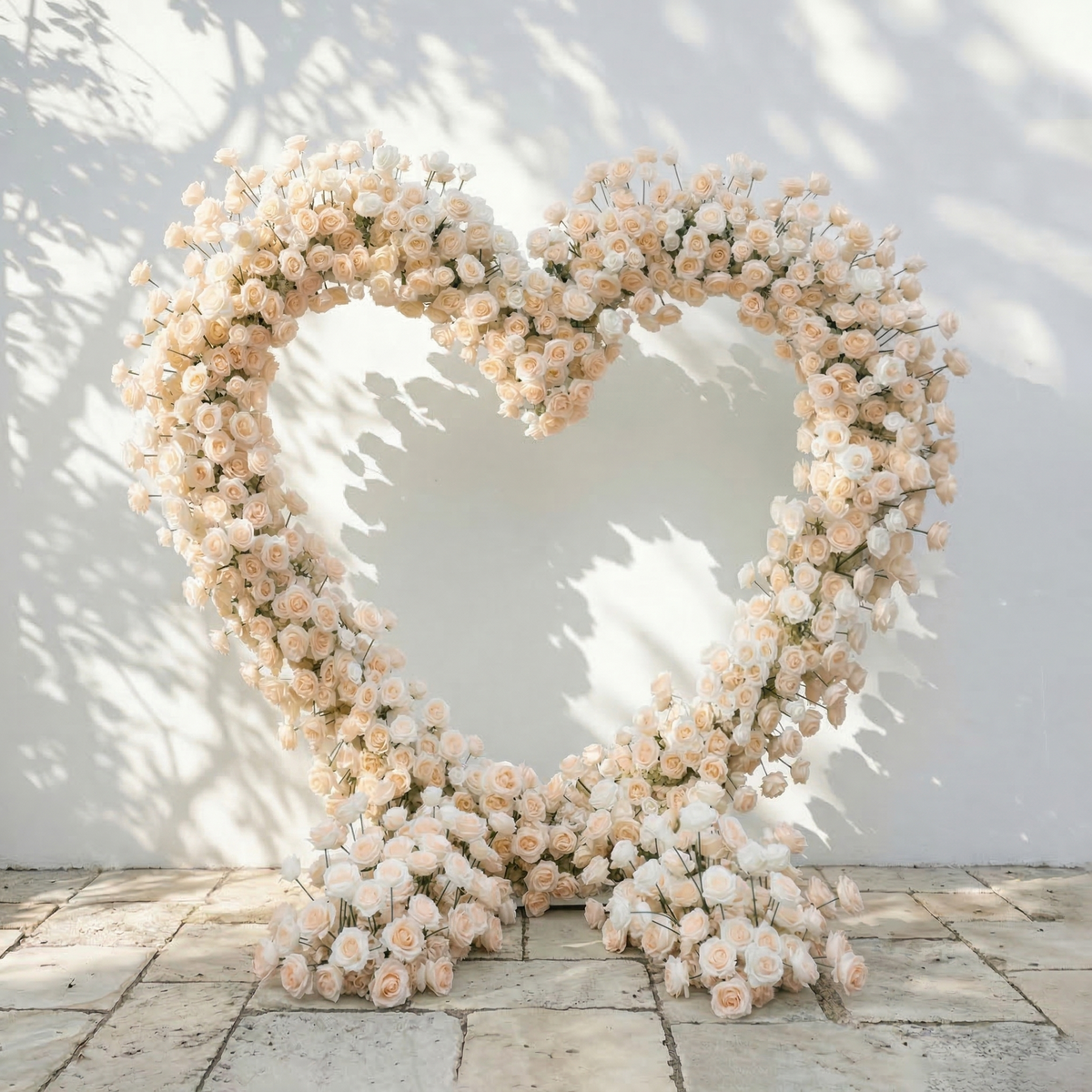 Lioren: Heart-Shaped Champagne & Soft Peach Silk Rose Floral Arch Floral Arrangement for Elegant Weddings & Proposal Events | Event Floral Decor