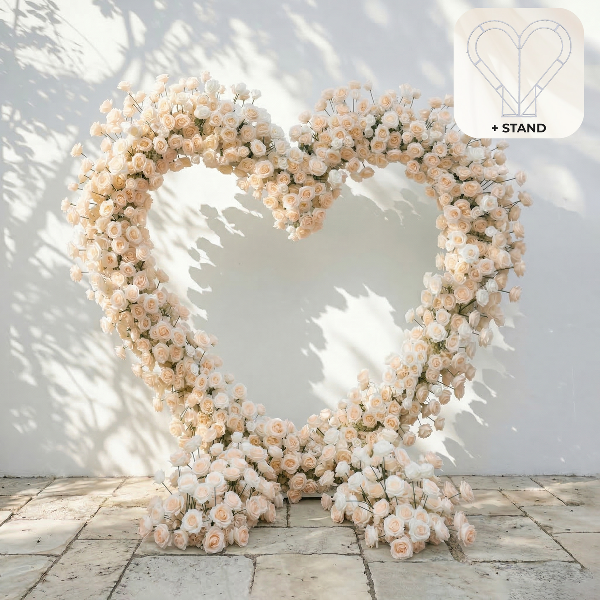 Lioren: Heart-Shaped Champagne & Soft Peach Silk Rose Floral Arch Floral Arrangement for Elegant Weddings & Proposal Events | Event Floral Decor