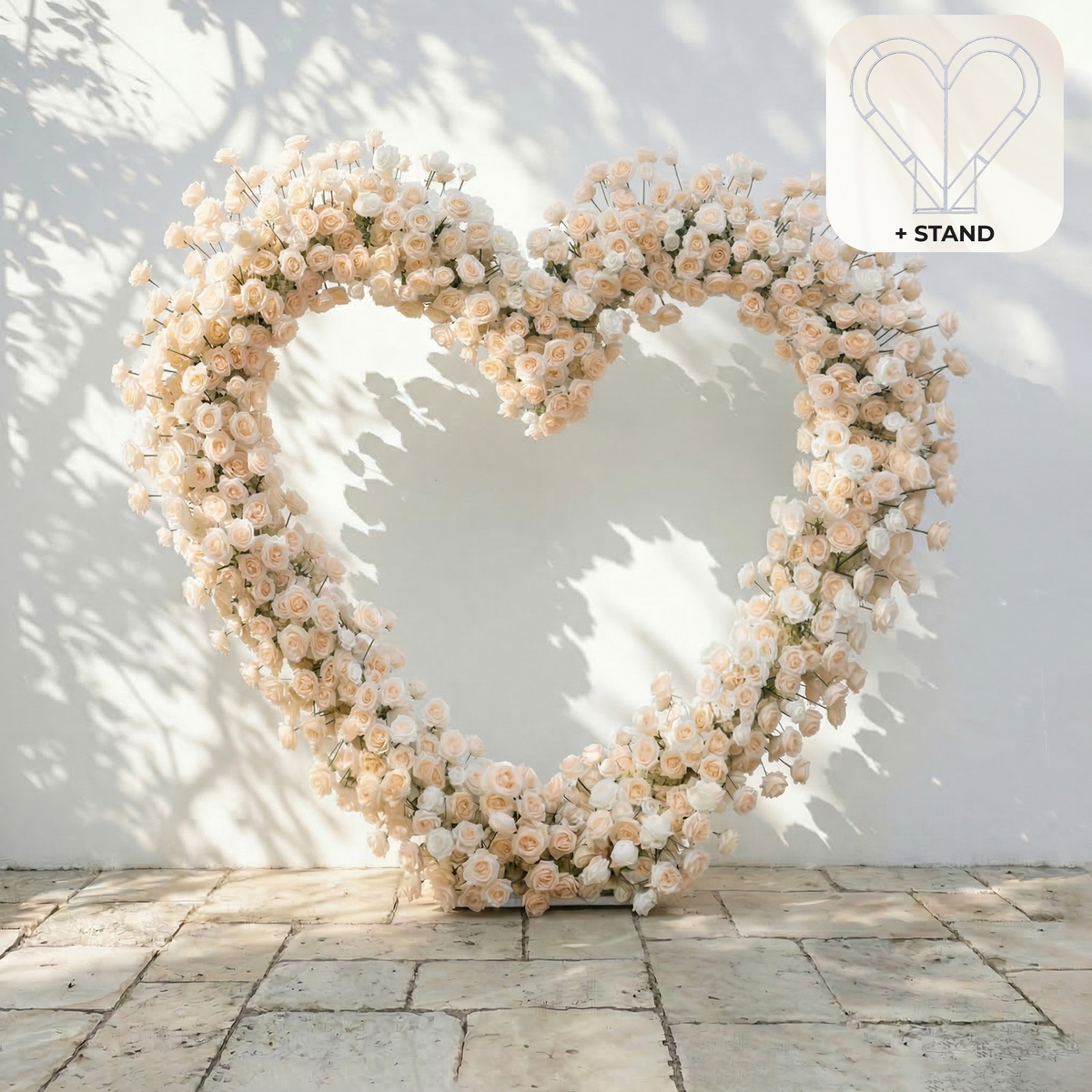 Lioren: Heart-Shaped Champagne & Soft Peach Silk Rose Floral Arch Floral Arrangement for Elegant Weddings & Proposal Events | Event Floral Decor