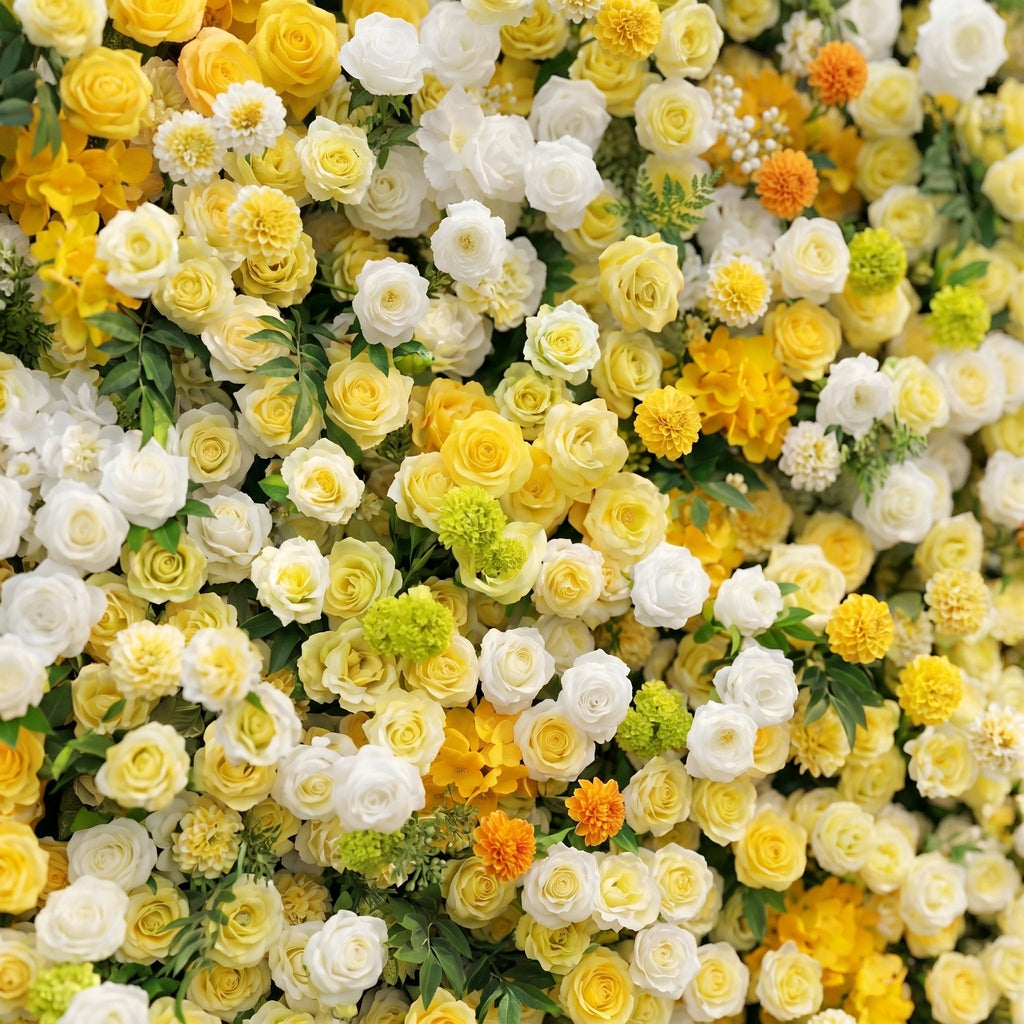 Marellyn:5D Bright Yellow & Ivory White Silk Rose Flower Wall Roll-Up Fabric Backdrop for Romantic Weddings & Proposals Free Shipping