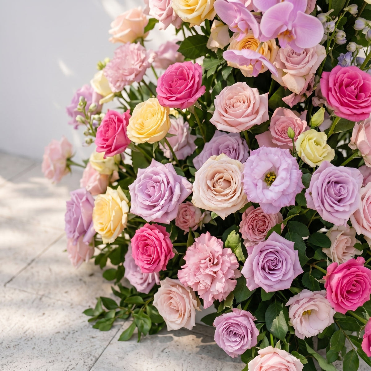 Maressa: Luxury Pastel Rainbow, Lilac Purple & Blush Pink Silk Floral Ground Horn Arch Arrangement with Soft Sorelia & Cascading Greenery for Romantic Minimalist Weddings & Garden Event Decor Frame Included
