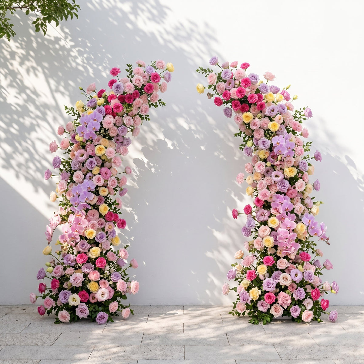 Maressa: Luxury Pastel Rainbow, Lilac Purple & Blush Pink Silk Floral Ground Horn Arch Arrangement with Soft Sorelia & Cascading Greenery for Romantic Minimalist Weddings & Garden Event Decor Frame Included
