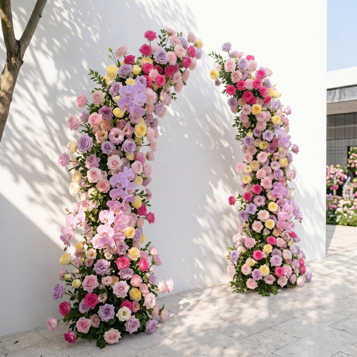Maressa: Luxury Pastel Rainbow, Lilac Purple & Blush Pink Silk Floral Ground Horn Arch Arrangement with Soft Sorelia & Cascading Greenery for Romantic Minimalist Weddings & Garden Event Decor Frame Included