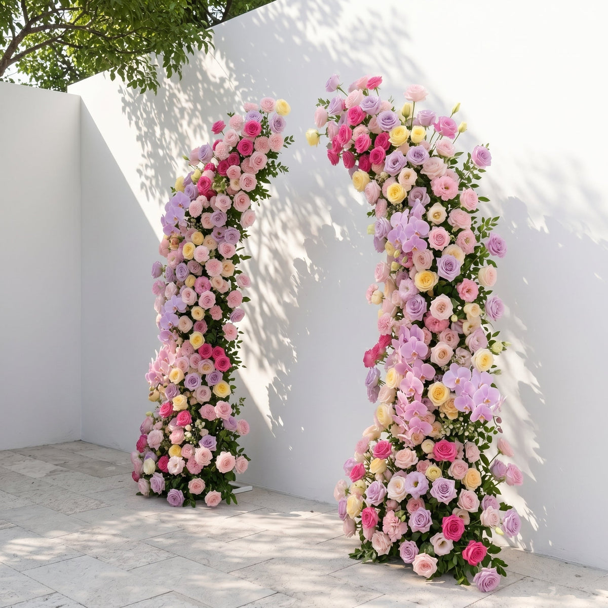 Maressa: Luxury Pastel Rainbow, Lilac Purple & Blush Pink Silk Floral Ground Horn Arch Arrangement with Soft Sorelia & Cascading Greenery for Romantic Minimalist Weddings & Garden Event Decor Frame Included