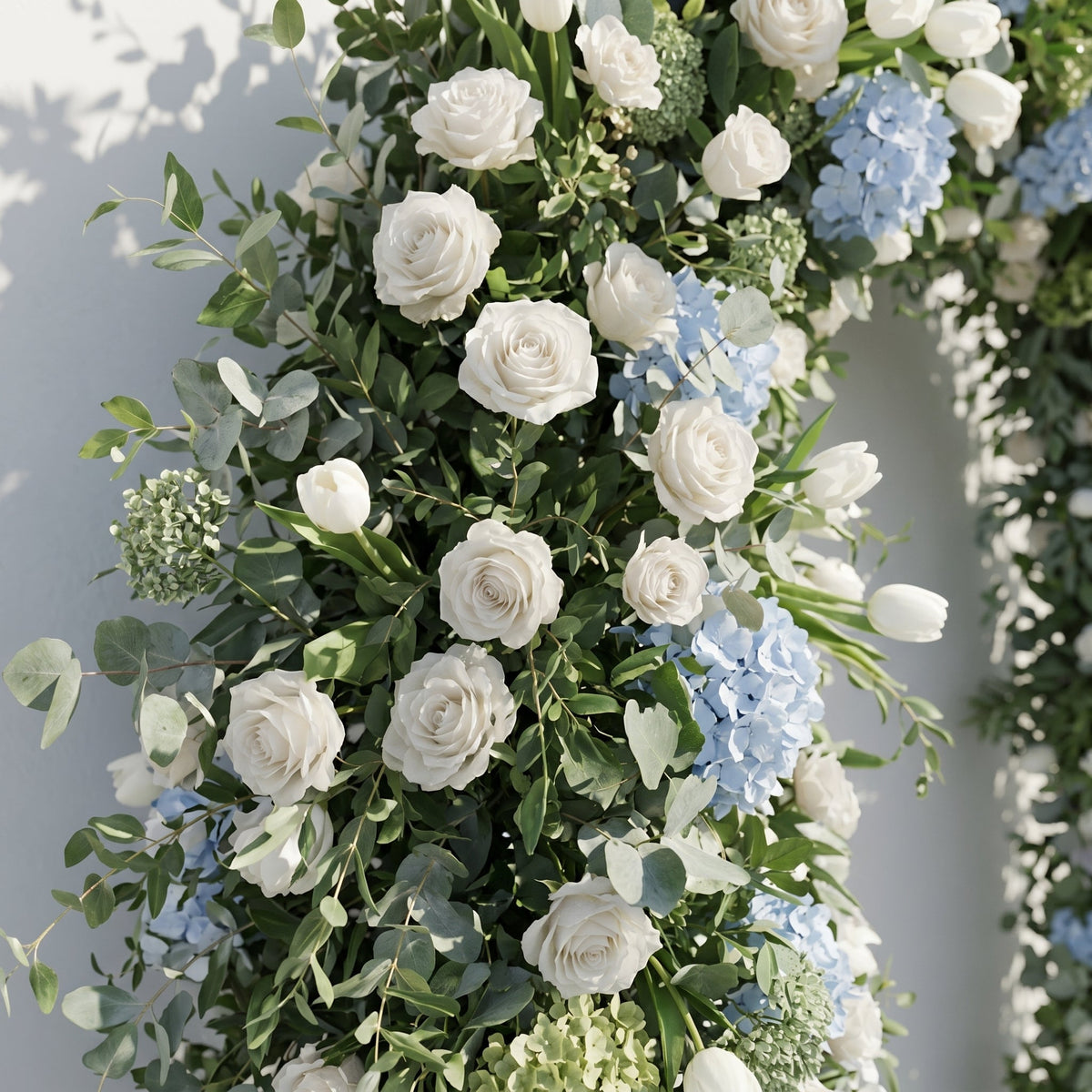 Mavenrella Floral Arch: Luxury Classic White & Green Floral Arch with Light Blue Hydrangeas Floral Arch for Weddings & Events & Events Decor Incuding Frame | Ceremony & Event Decor