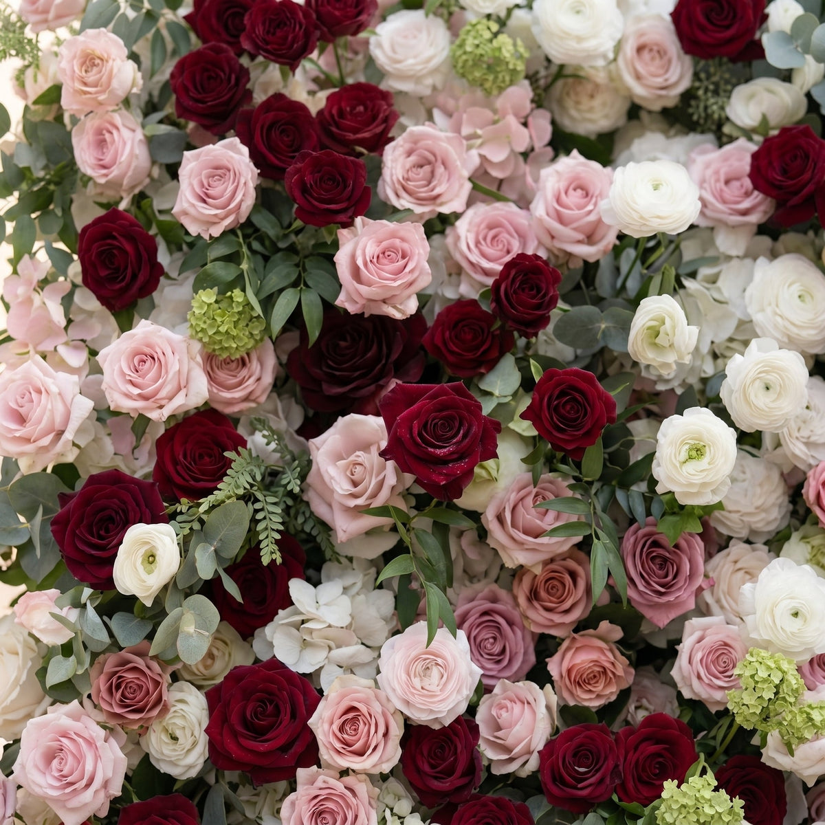 Mavenrella:5D Burgundy Red, Blush Pink & Ivory White Silk Rose Flower Wall Roll-Up Fabric Backdrop for Romantic Weddings & Proposals Free Shipping