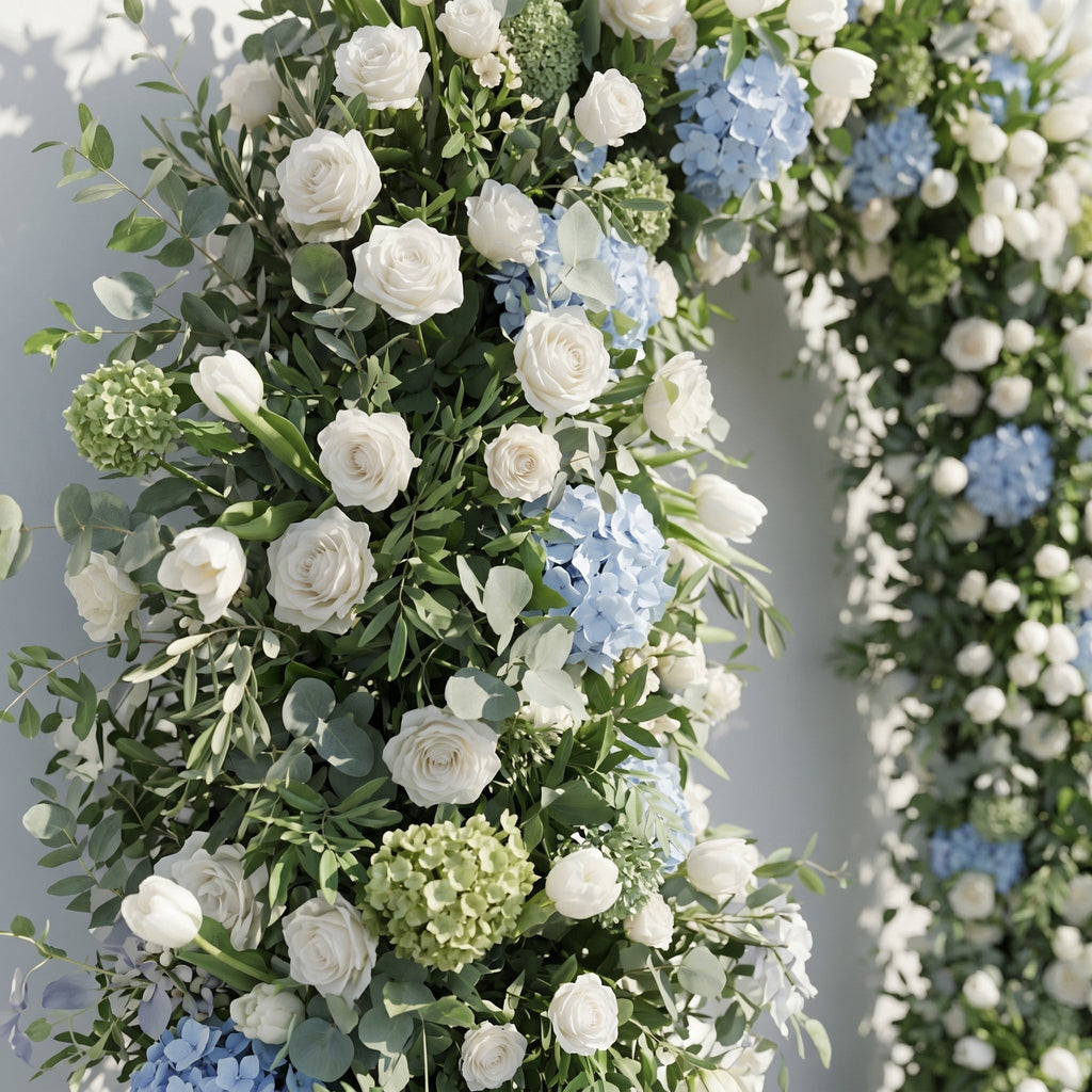 Mavenrella Floral Arch: Luxury Classic White & Green Floral Arch with Light Blue Hydrangeas Floral Arch for Weddings & Events & Events Decor Incuding Frame | Ceremony & Event Decor