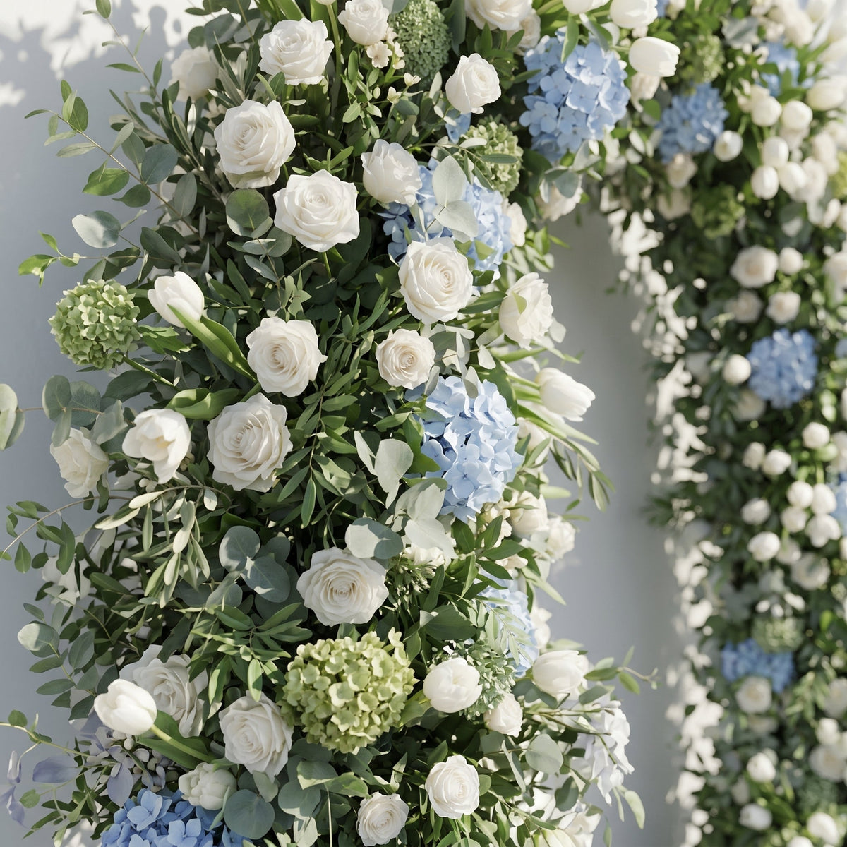 Mavenrella Floral Arch: Luxury Classic White & Green Floral Arch with Light Blue Hydrangeas Floral Arch for Weddings & Events & Events Decor Incuding Frame | Ceremony & Event Decor