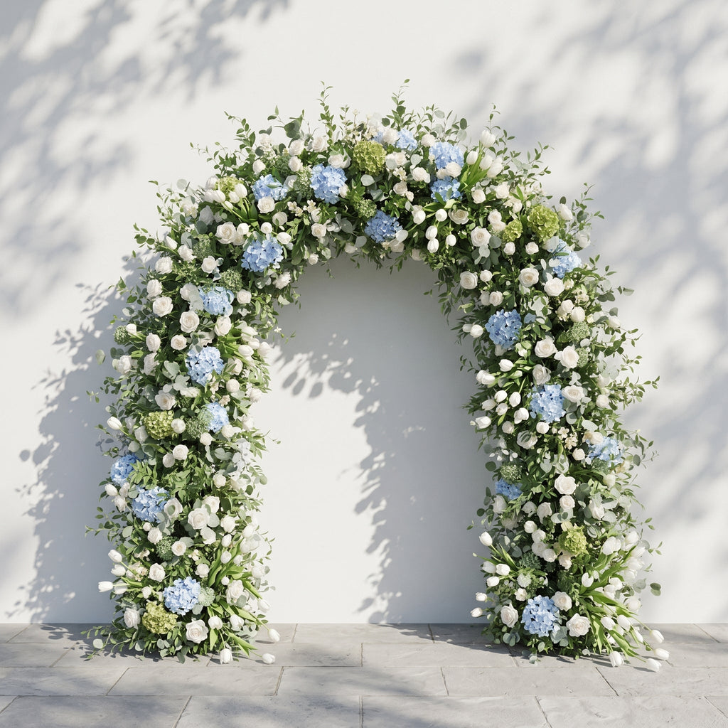 Mavenrella Floral Arch: Luxury Classic White & Green Floral Arch with Light Blue Hydrangeas Floral Arch for Weddings & Events & Events Decor Incuding Frame | Ceremony & Event Decor