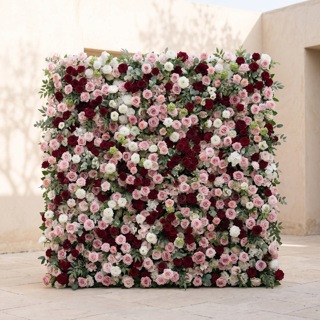 Mavenrella:5D Burgundy Red, Blush Pink & Ivory White Silk Rose Flower Wall Roll-Up Fabric Backdrop for Romantic Weddings & Proposals Free Shipping