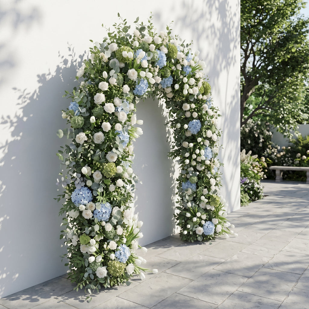 Mavenrella Floral Arch: Luxury Classic White & Green Floral Arch with Light Blue Hydrangeas Floral Arch for Weddings & Events & Events Decor Incuding Frame | Ceremony & Event Decor