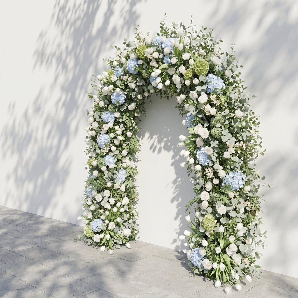 Mavenrella Floral Arch: Luxury Classic White & Green Floral Arch with Light Blue Hydrangeas Floral Arch for Weddings & Events & Events Decor Incuding Frame | Ceremony & Event Decor