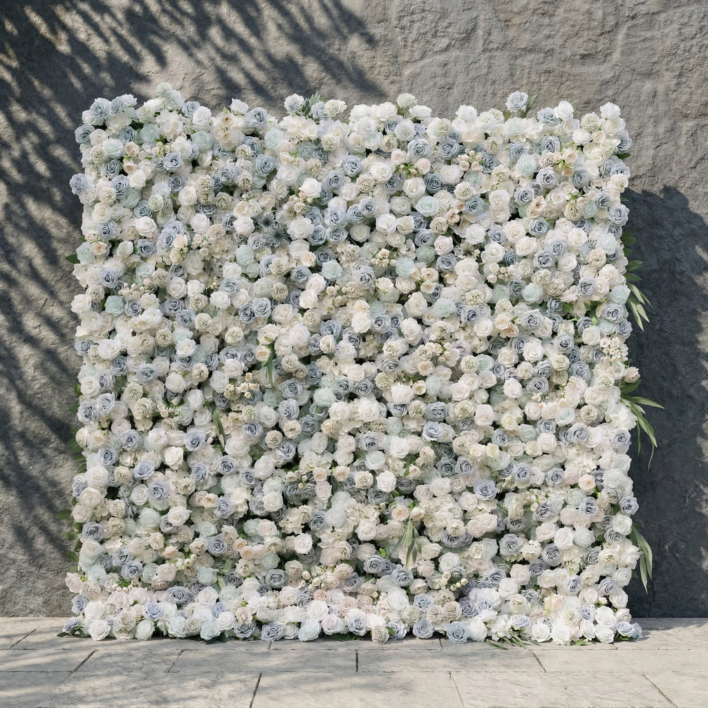 Mireli: 5D Dusty Blue and Ivory Silk Rose Flower Wall Roll-Up Fabric Backdrop for Elegant Weddings & Events Free Shipping