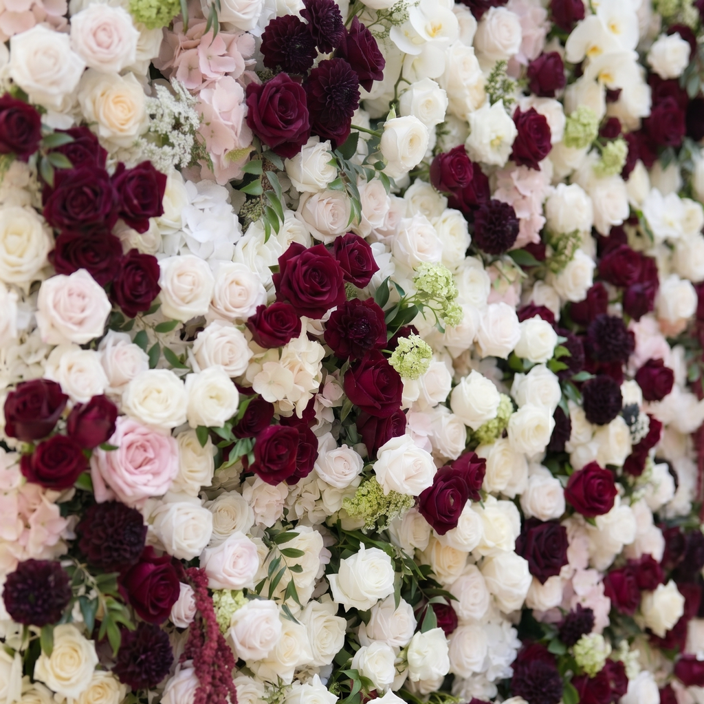 Mirenorae: Luxury 5D Burgundy Red & Ivory White Silk Floral Wall Roll-Up Fabric Backdrop for Grand Weddings Free Shipping