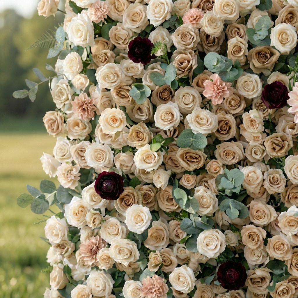 Mireya: 5D Elegant Champagne & Burgundy Silk Rose Flower Wall Roll-Up Fabric Backdrop for Luxury Weddings & Garden Parties Free Shipping