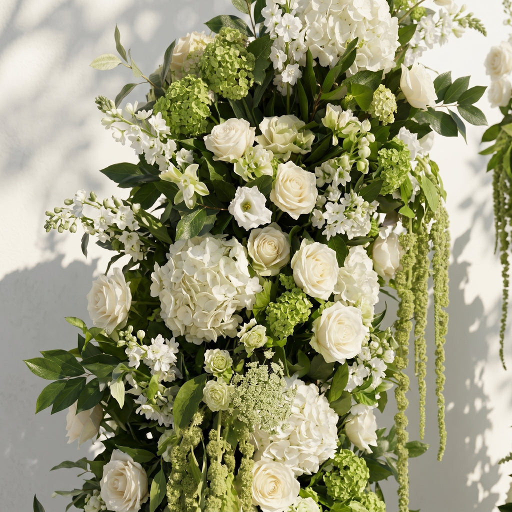 Mirie: Luxury Ivory White & Fresh Green Silk Floral Ground Horn Arch Arrangement with Cascading Amaranthus Greenery for Romantic Minimalist Weddings & Garden Event Decor Frame Included