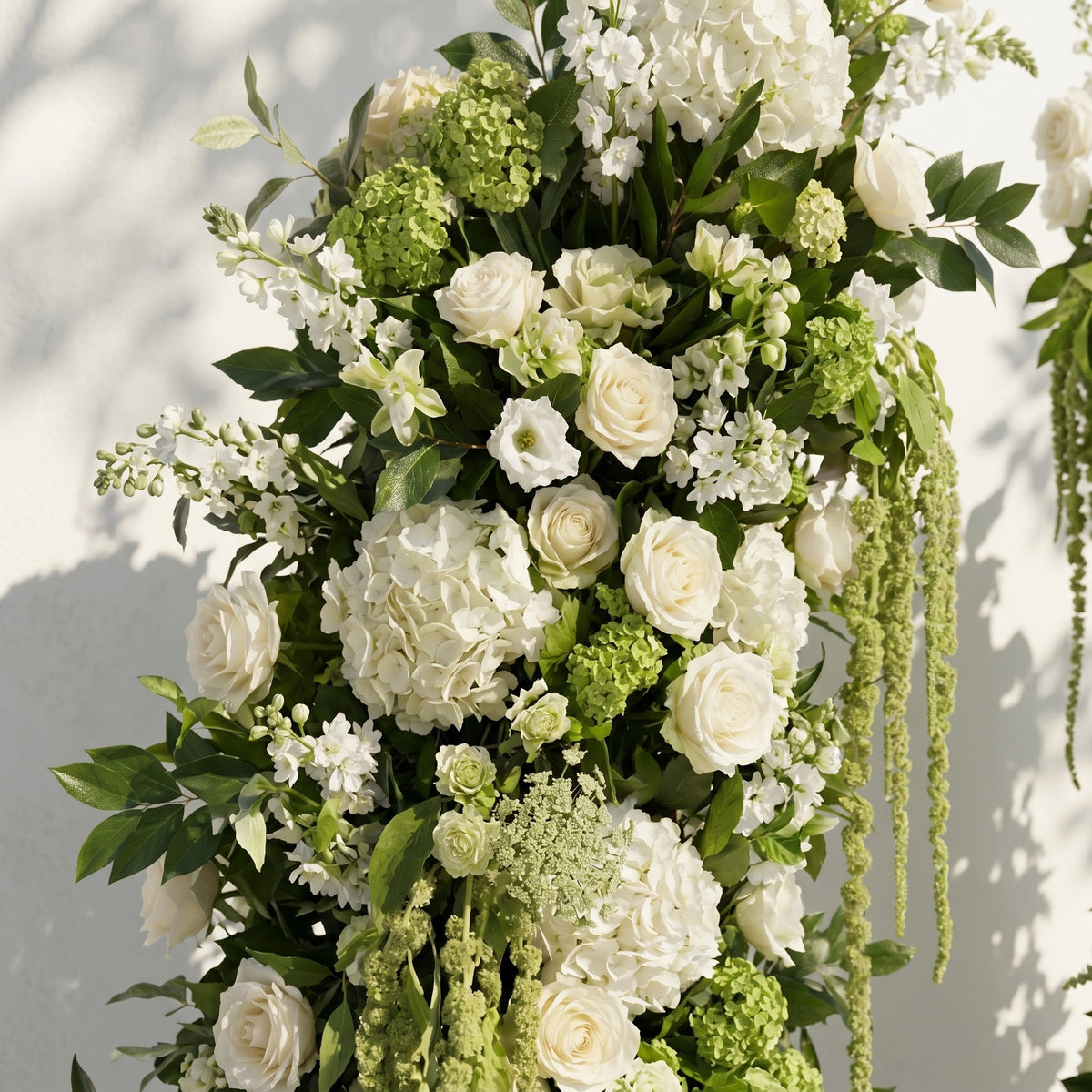 Mirie: Luxury Ivory White & Fresh Green Silk Floral Ground Horn Arch Arrangement with Cascading Amaranthus Greenery for Romantic Minimalist Weddings & Garden Event Decor Frame Included
