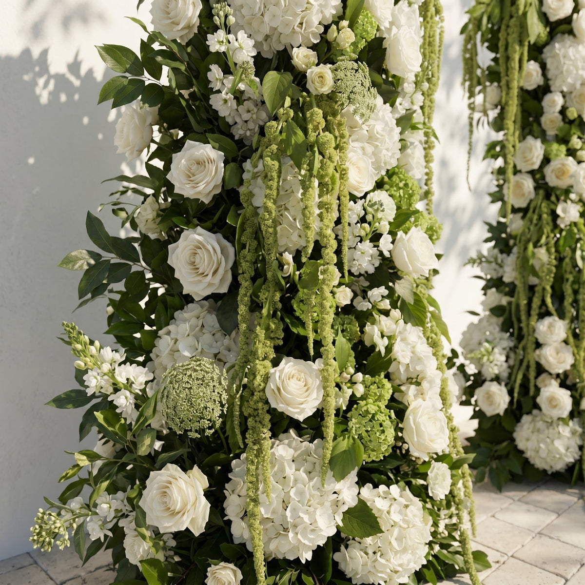 Mirie: Luxury Ivory White & Fresh Green Silk Floral Ground Horn Arch Arrangement with Cascading Amaranthus Greenery for Romantic Minimalist Weddings & Garden Event Decor Frame Included