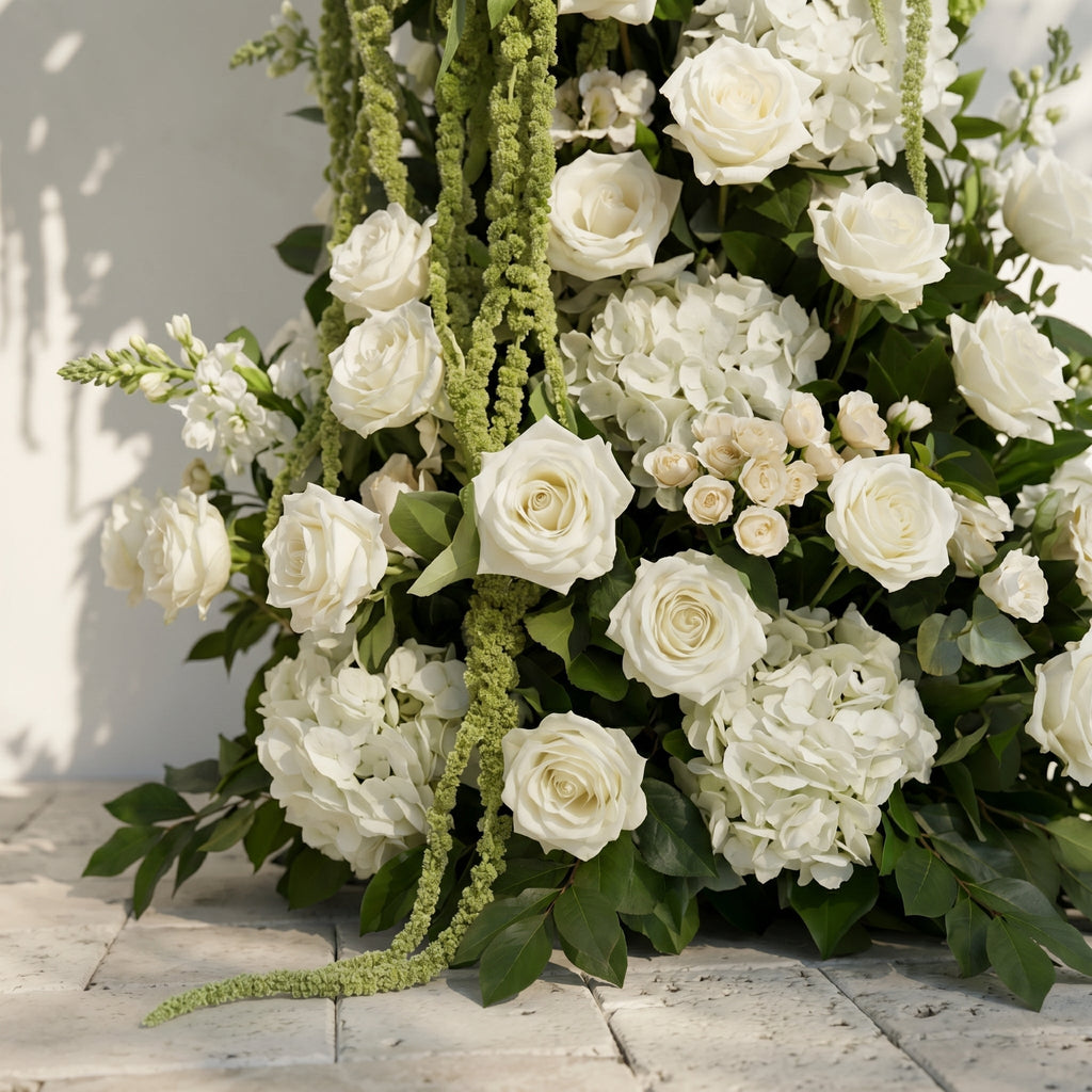 Mirie: Luxury Ivory White & Fresh Green Silk Floral Ground Horn Arch Arrangement with Cascading Amaranthus Greenery for Romantic Minimalist Weddings & Garden Event Decor Frame Included