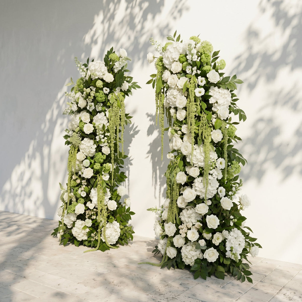 Mirie: Luxury Ivory White & Fresh Green Silk Floral Ground Horn Arch Arrangement with Cascading Amaranthus Greenery for Romantic Minimalist Weddings & Garden Event Decor Frame Included