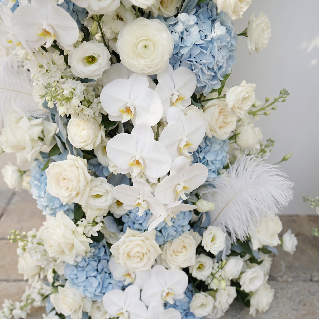 Sky Blue Hydrangea White Orchid Rose Wedding Backdrop(Excludes Frame)+Amo Long strip flower Runner | Wedding Floral Decor