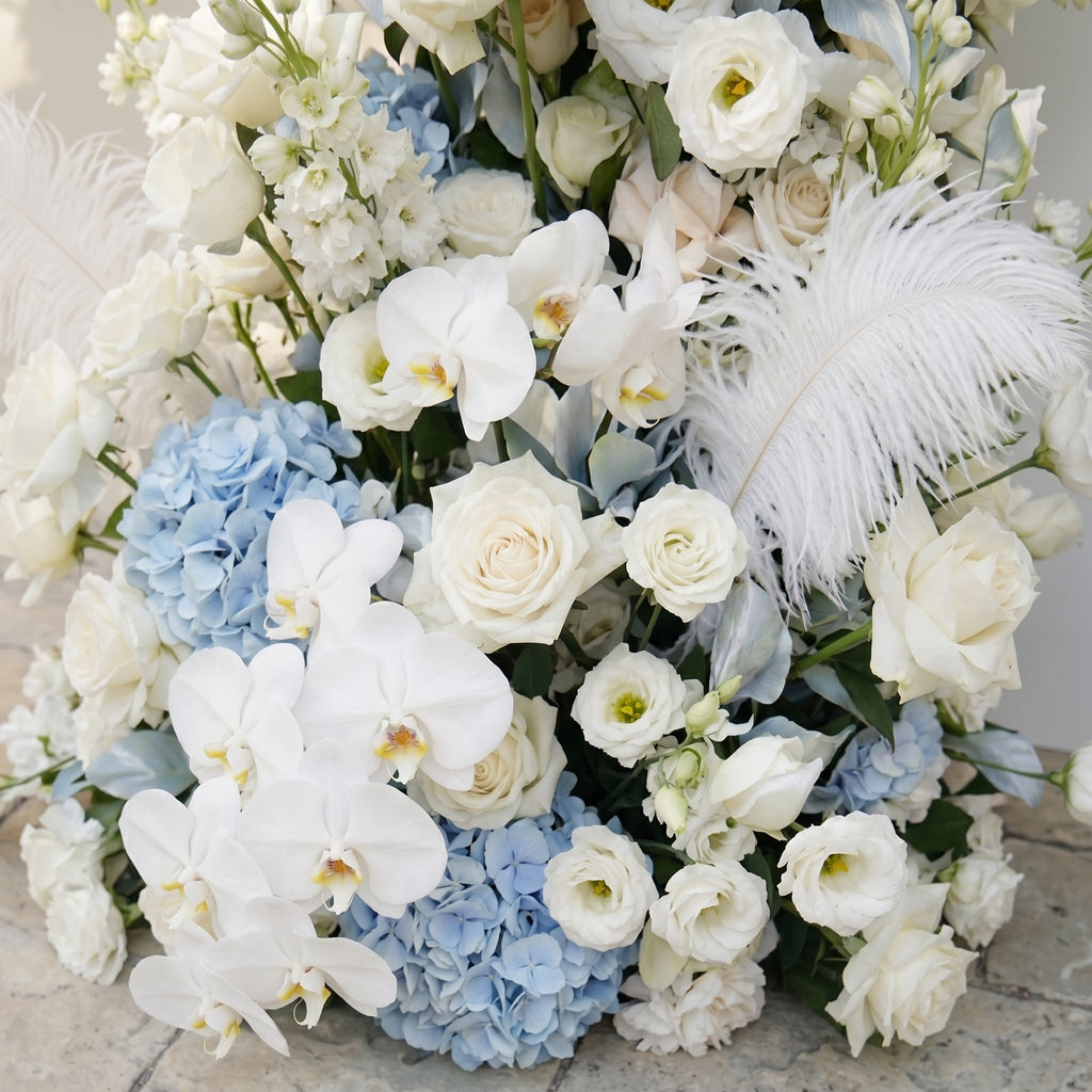 Sky Blue Hydrangea White Orchid Rose Wedding Backdrop(Excludes Frame)+Amo Long strip flower Runner | Wedding Floral Decor