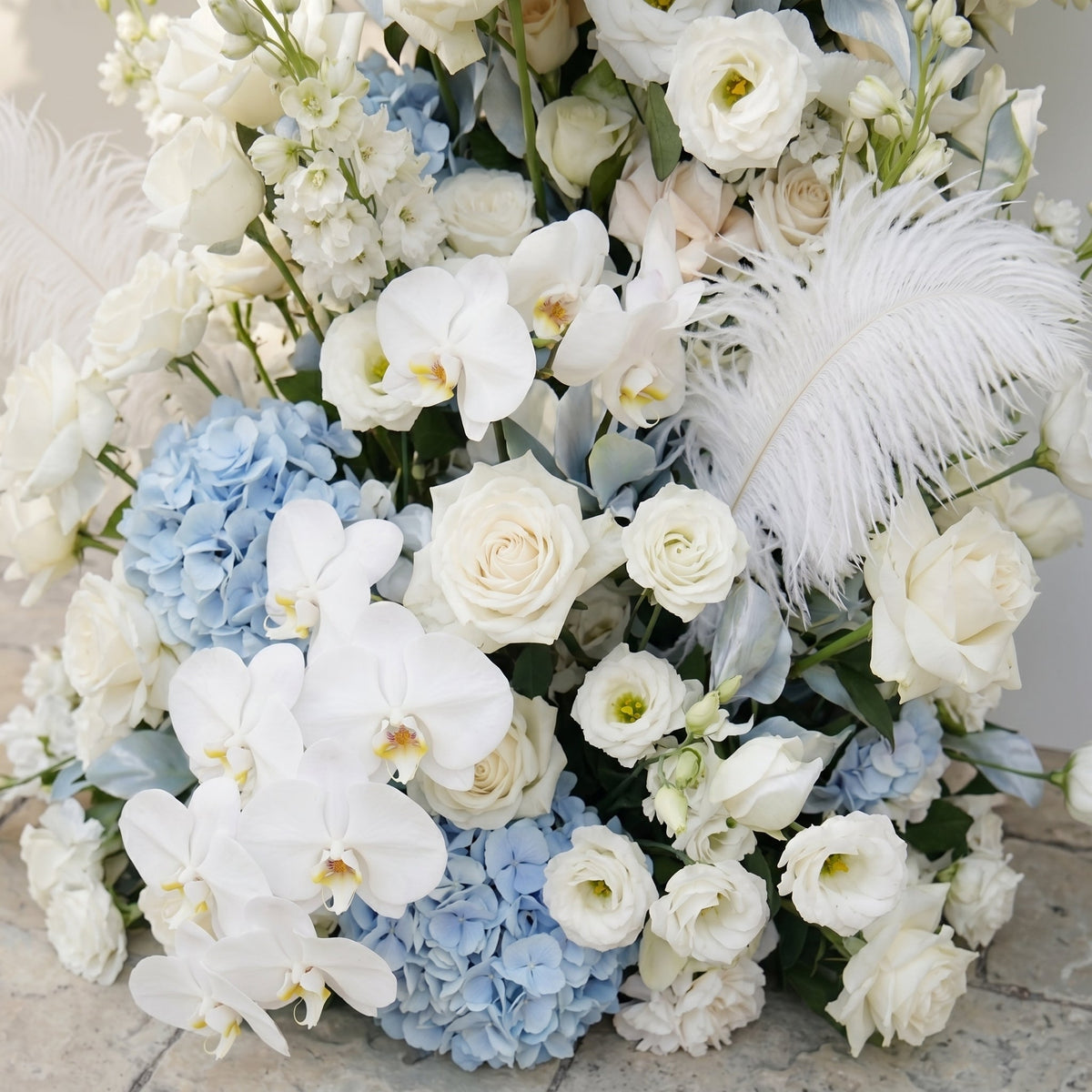 Sky Blue Hydrangea White Orchid Rose Wedding Backdrop(Excludes Frame)+Amo Long strip flower Runner | Wedding Floral Decor