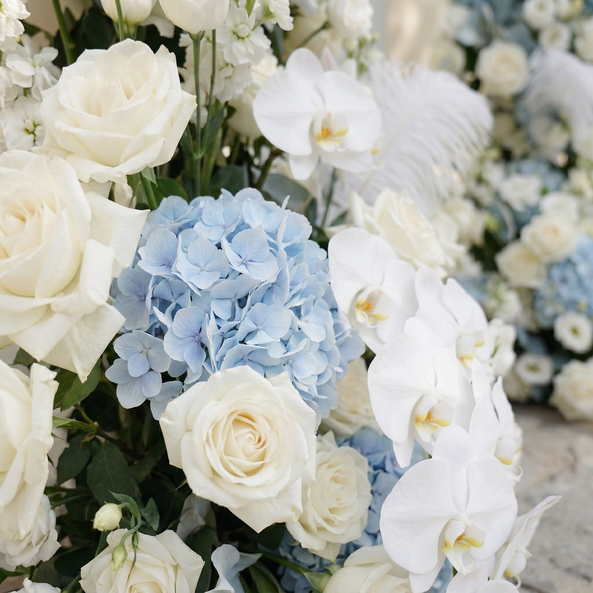 Sky Blue Hydrangea White Orchid Rose Wedding Backdrop(Excludes Frame)+Amo Long strip flower Runner | Wedding Floral Decor