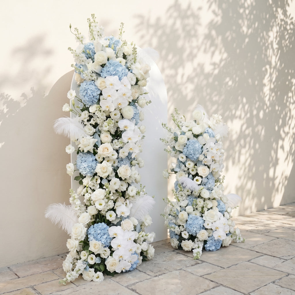 Sky Blue Hydrangea White Orchid Rose Wedding Backdrop(Excludes Frame)+Amo Long strip flower Runner | Wedding Floral Decor